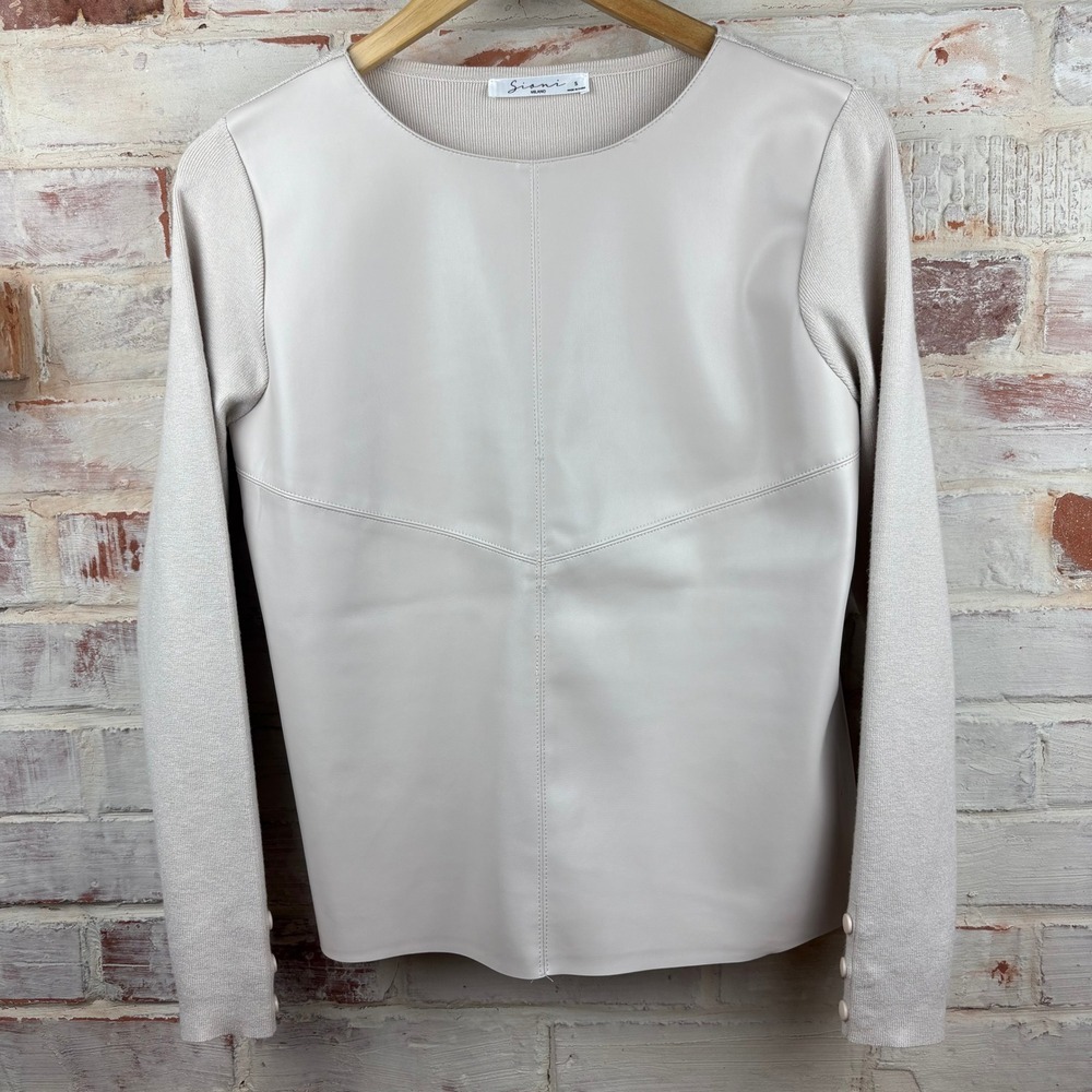 Sioni Milano Mixed Media Sweater Faux Leather Front Cream Beige Size S